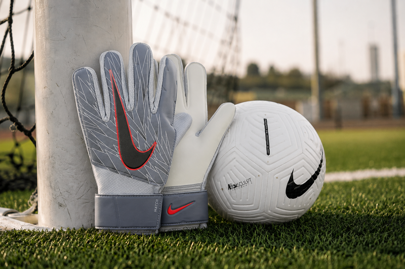 Nike вратарски ръкавици и футболна топка на трева